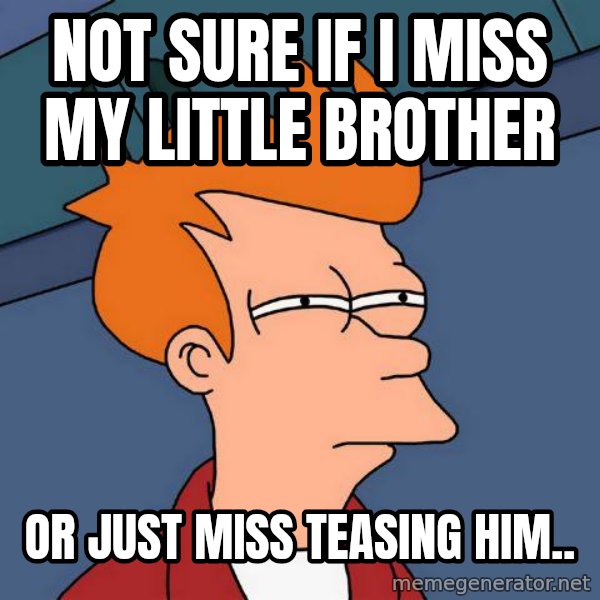 Futurama Fry meme: not sure if i miss my little brother / or just miss teasing him..