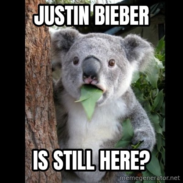 Koala can't believe it meme: justin bieber / is still here?