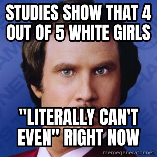 Ron Burgundy meme: studies show that 4 out of 5 white girls / "literally can't even" right now