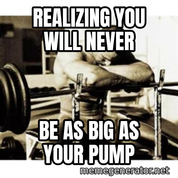 Sad Bodybuilder meme: realizing you will never / be as big as your pump