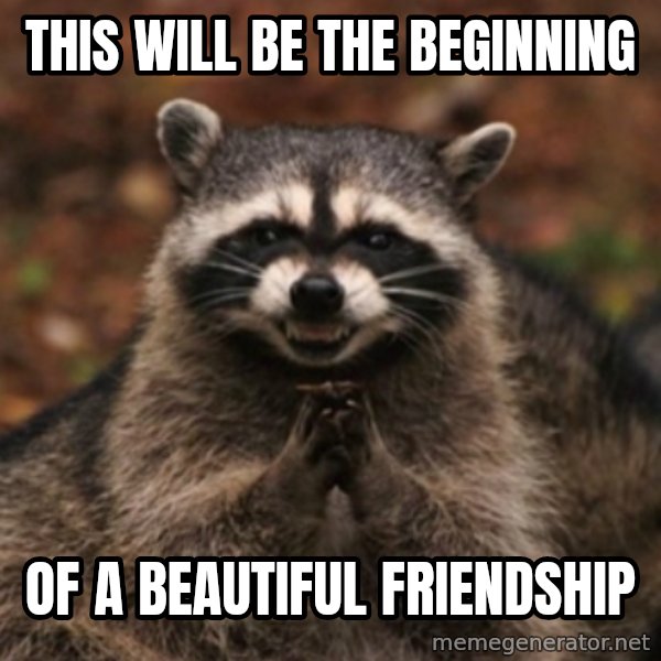 evil raccoon meme: this will be the beginning / of a beautiful friendship