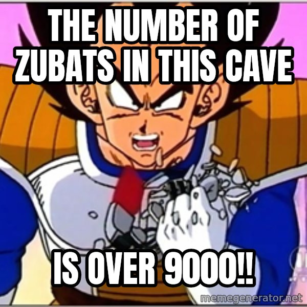 Over 9000 meme: The number of zubats in this cave / is over 9000!!