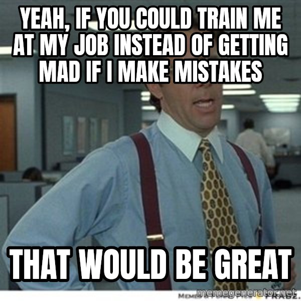 Office Space That Would Be Great meme: Yeah, if you could train me at my job instead of getting mad if I make mistakes / That would be great