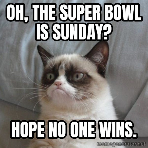 Grumpy cat good meme: Oh, the Super Bowl is Sunday? / Hope no one wins.