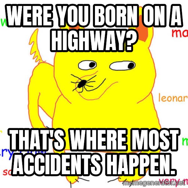 Grumpy Cat  meme: Were you born on a highway? / that's where most accidents happen.