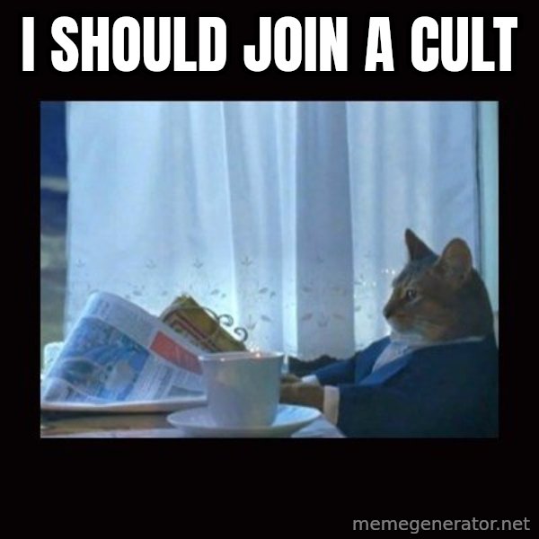 i should buy a boat cat meme: I should join a cult