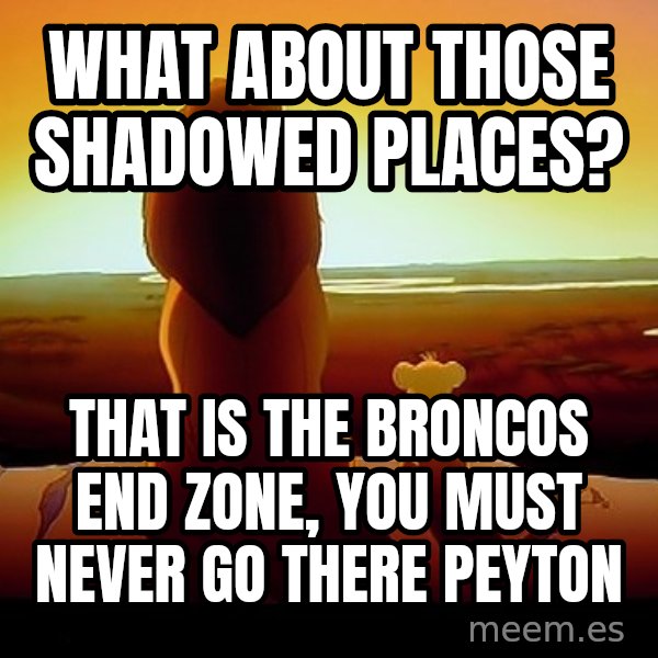 simba mufasa meme: what about those shadowed places? / That  is the broncos end zone, you must never go there Peyton