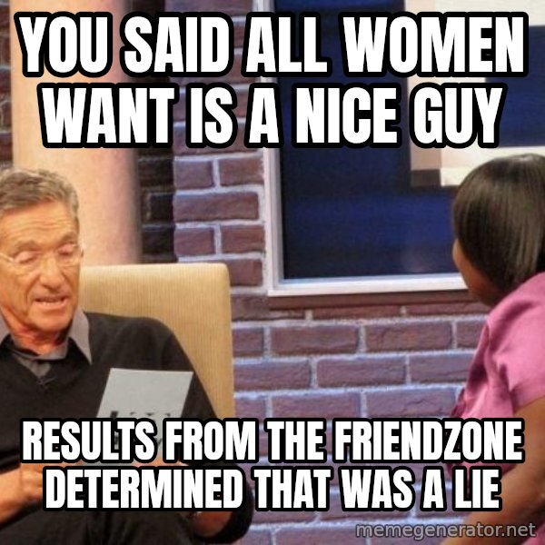 Maury Lie Detector meme: You said all women want is a nice guy / results from the friendzone determined that was a lie