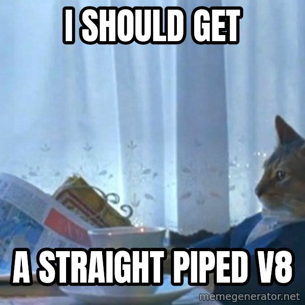 newspaper cat realization meme: I should get / a straight piped v8