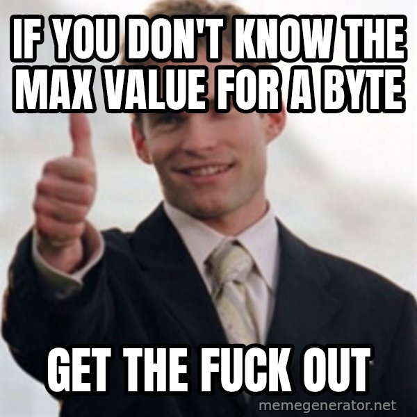 Steve Stifler meme: If you don't know the max value for a byte / Get the fuck out
