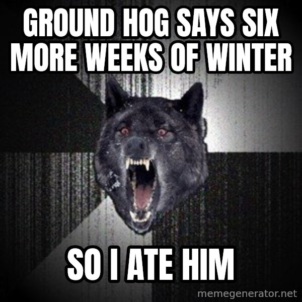 Insanity Wolf meme: ground hog says six more weeks of winter / so i ate him