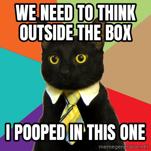 Business Cat meme: WE NEED TO THINK OUTSIDE THE BOX / I POOPED IN THIS ONE
