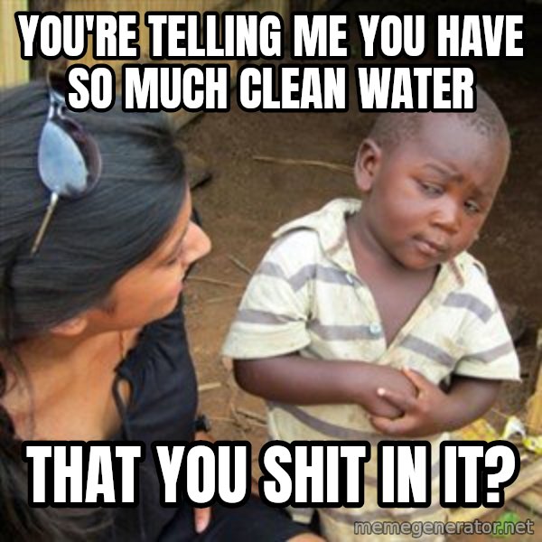 Skeptical 3rd World Kid meme: You're Telling me you have so much clean water / that you shit in it?
