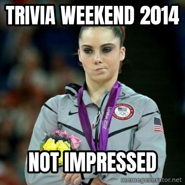 McKayla Maroney Not Impressed meme: trivia weekend 2014 / Not impressed