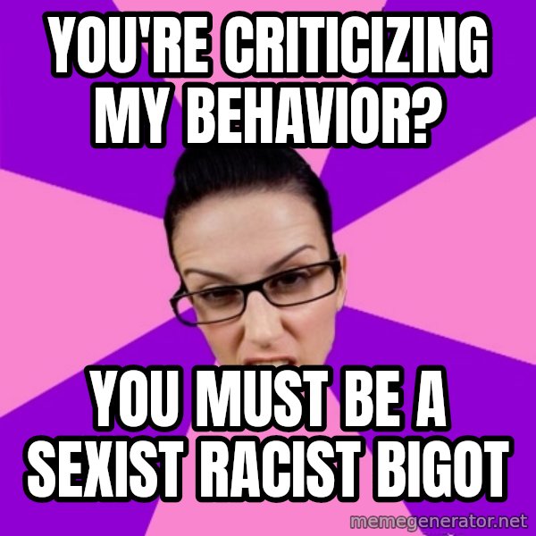 Privilege Denying Feminist meme: You're criticizing my behavior? / You must be a sexist racist bigot
