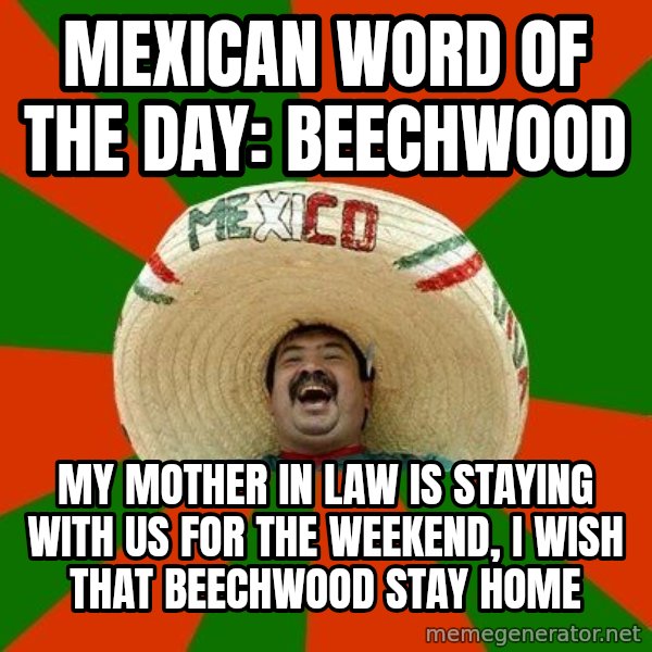 Successful Mexican meme: mexican word of the day: beechwood / my mother in law is staying with us for the weekend, i wish that beechwood stay home