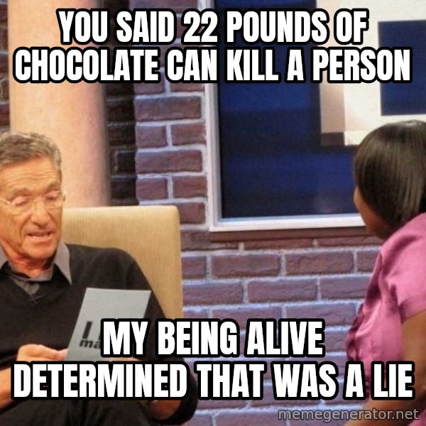 Maury Lie Detector meme: you said 22 pounds of chocolate can kill a person / my being alive determined that was a lie