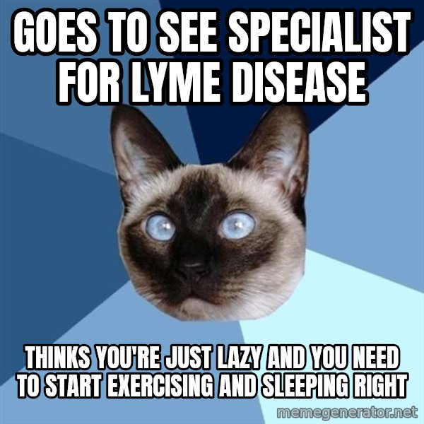 Chronic Illness Cat meme: goes to see specialist for lyme disease / thinks you're just lazy and you need to start exercising and sleeping right