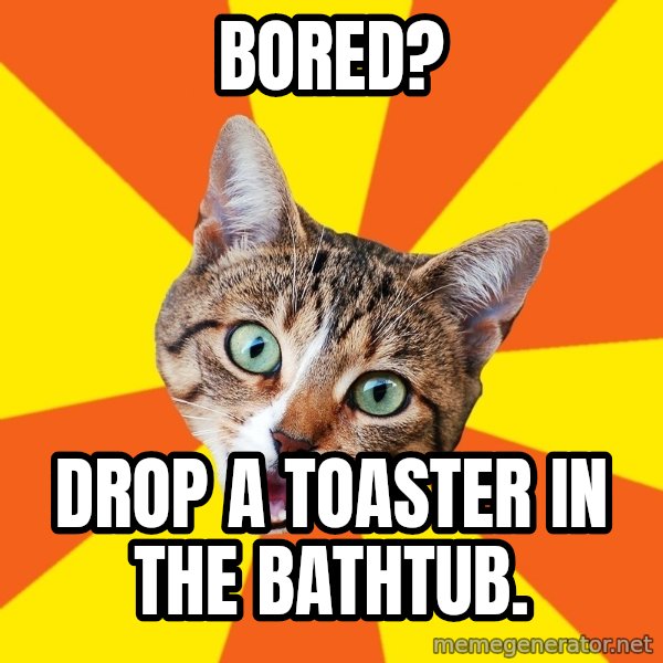 Bad Advice Cat meme: bored? / drop a toaster in the bathtub.