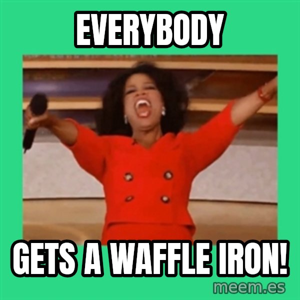 Oprah Car meme: everybody / gets a waffle iron!