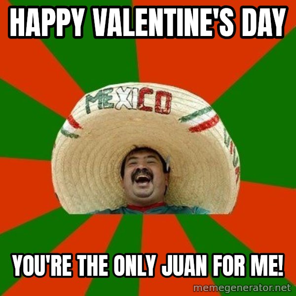 Successful Mexican meme: Happy Valentine's Day / You're the only Juan for me!
