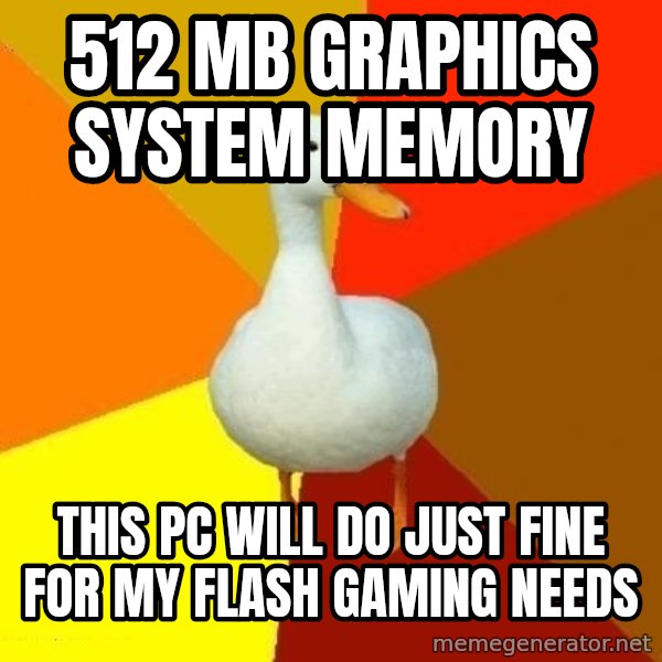 Technologically Impaired Duck meme: 512 MB graphics system memory / this pc will do just fine for my flash gaming needs