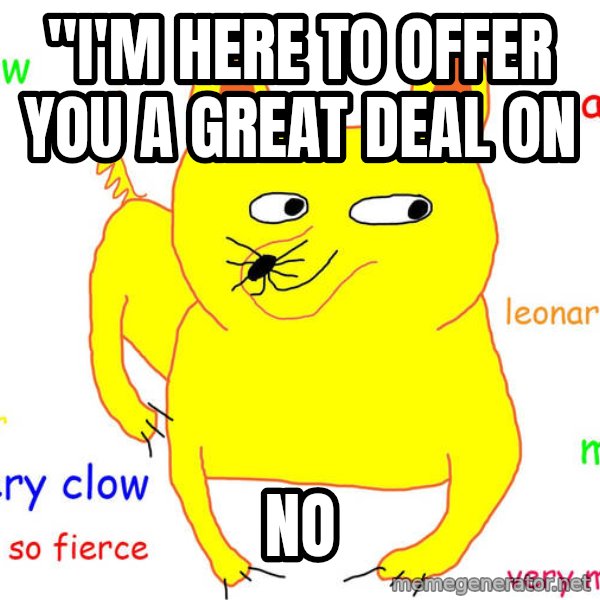 Grumpy Cat  meme: "I'm here to offer you a great deal on / no