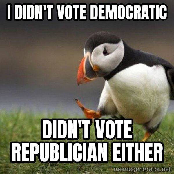 Unpopular Opinion Puffin meme: i didn't vote democratic / didn't vote republician either