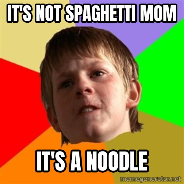 Angry School Boy meme: IT'S NOt SPAGHETTI MOM / IT'S A NOODLE