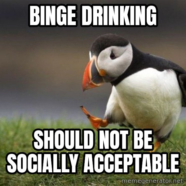 Unpopular Opinion Puffin meme: Binge drinking / should not be socially acceptable