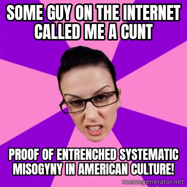 Privilege Denying Feminist meme: some guy on the internet called me a cunt / proof of entrenched systematic misogyny in american culture!