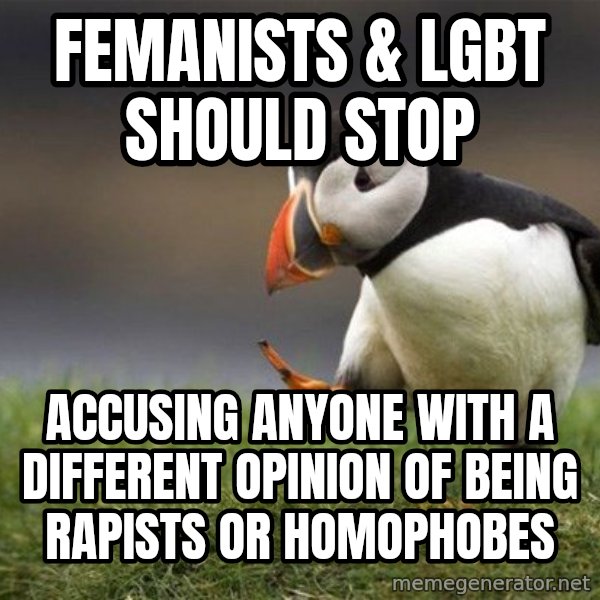 Unpopular Opinion Puffin meme: Femanists & lgbt Should stop / Accusing anyone with a different opinion of being rapists or homophobes