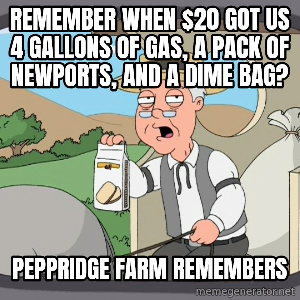 Pepperidge Farm Remembers Meme meme: Remember when $20 got us 4 gallons of gas, a pack of newports, and a dime bag? / Peppridge farm remembers
