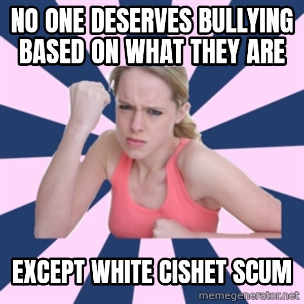 Social Justice Sally meme: no one deserves bullying based on what they are / except white cishet scum