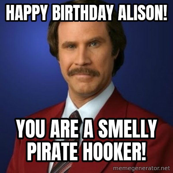 Anchorman Birthday meme: HAPPY BIRTHDAY ALISON! / YOU ARE A SMELLY PIRATE HOOKER!