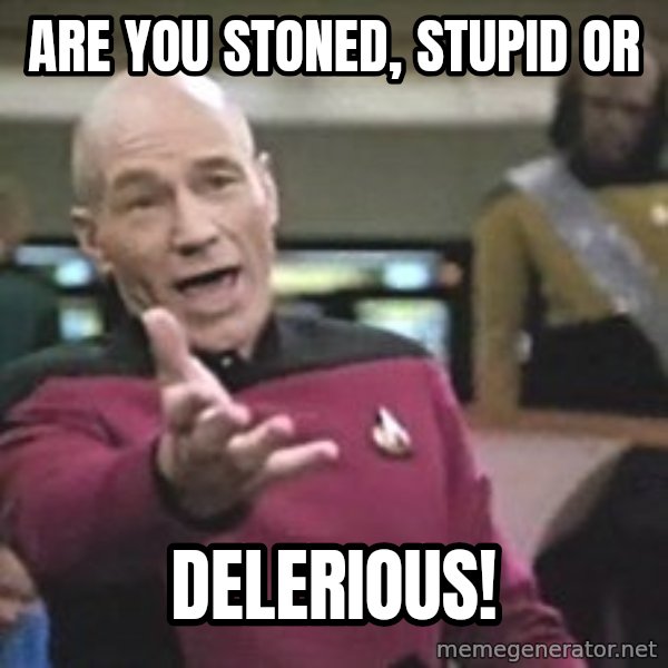 Captain Picard meme: Are you stoned, stupid or / delerious!