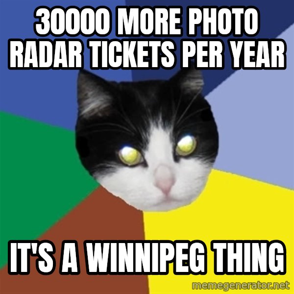 Winnipeg Cat meme: 30000 more photo radar tickets per year / it's a winnipeg thing
