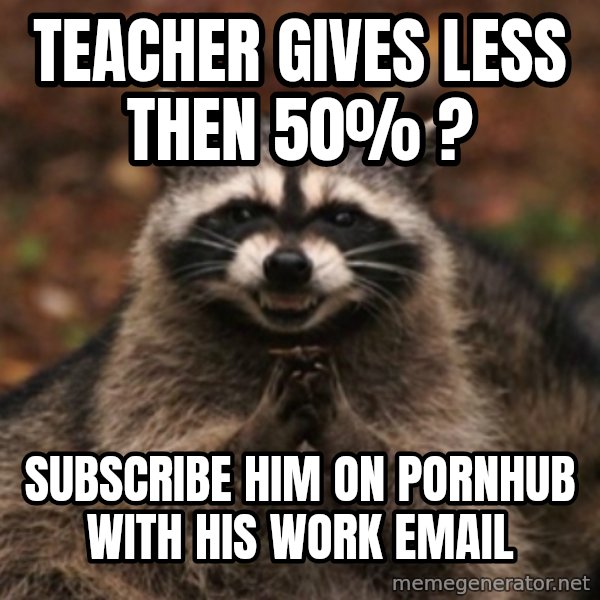 evil raccoon meme: teacher gives less then 50% ? / subscribe him on pornhub with his work email