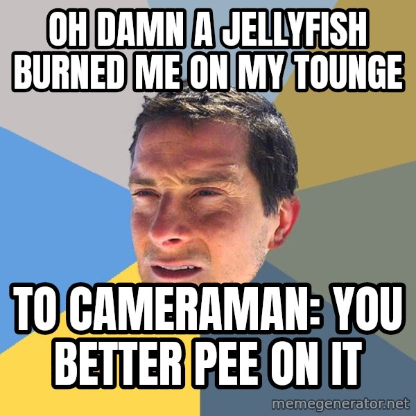 Bear Grylls meme: Oh damn a jellyfish burned me on my tounge / To cameraman: You better pee on it