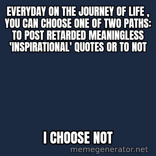 Inspirational quotes meme: Everyday on the journey of life , you can choose one of two paths: to post retarded meaningless 'inspirational' quotes or to not / I CHOOSE NOT