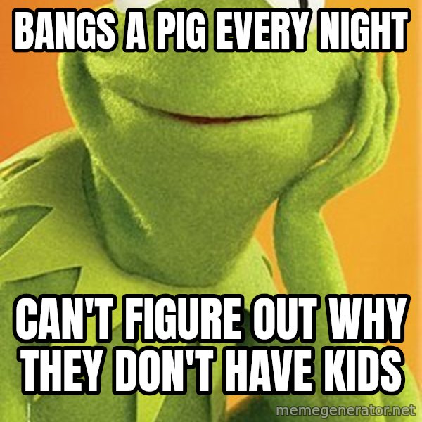 Kermit the frog meme: bangs a pig every night / can't figure out why they don't have kids