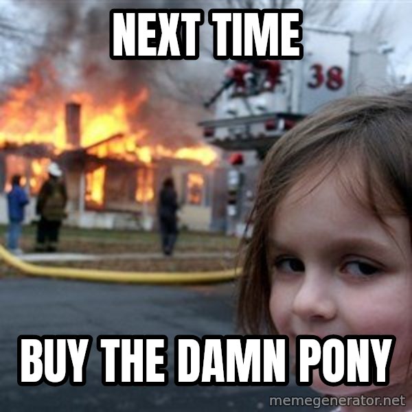 Disaster Girl meme: NEXT TIME / buy the damn pony