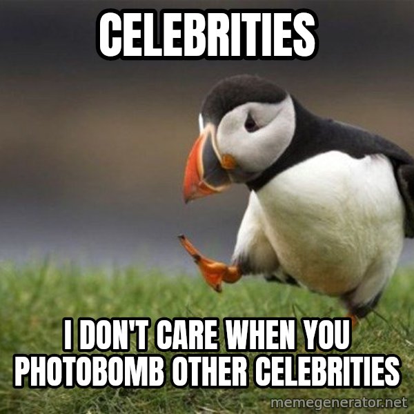 Unpopular Opinion Puffin meme: celebrities / i don't care when you photobomb other celebrities