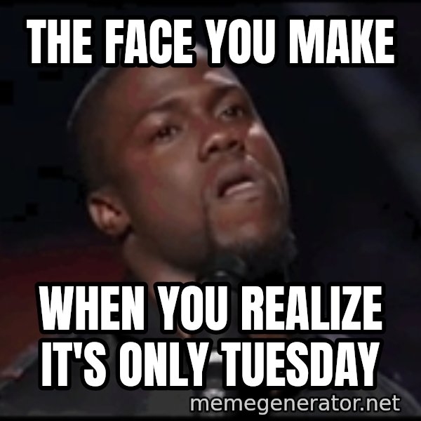 kevin hart playoffs meme: the face you make / when you realize it's only tuesday