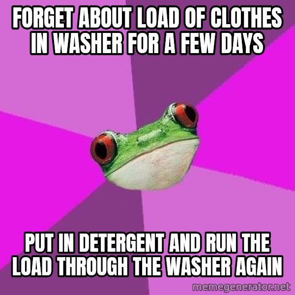Foul Bachelorette Frog meme: Forget about load of clothes in washer for a few days / Put in detergent and run the load through the washer again