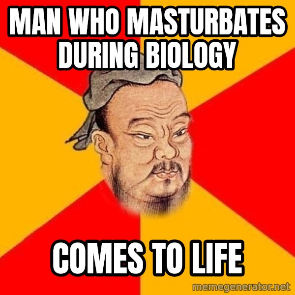 Wise Confucius meme: MAN WHO MASturbates during biology / comes to life