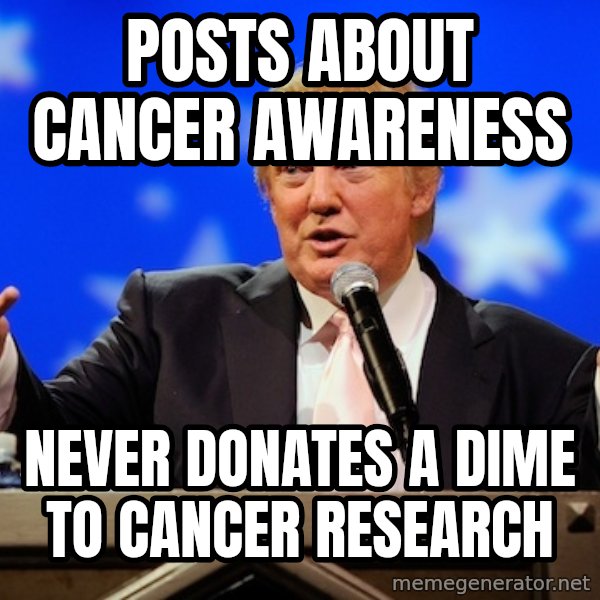 Annoying Facebook Girl meme: posts about cancer awareness / never donates a dime to cancer research