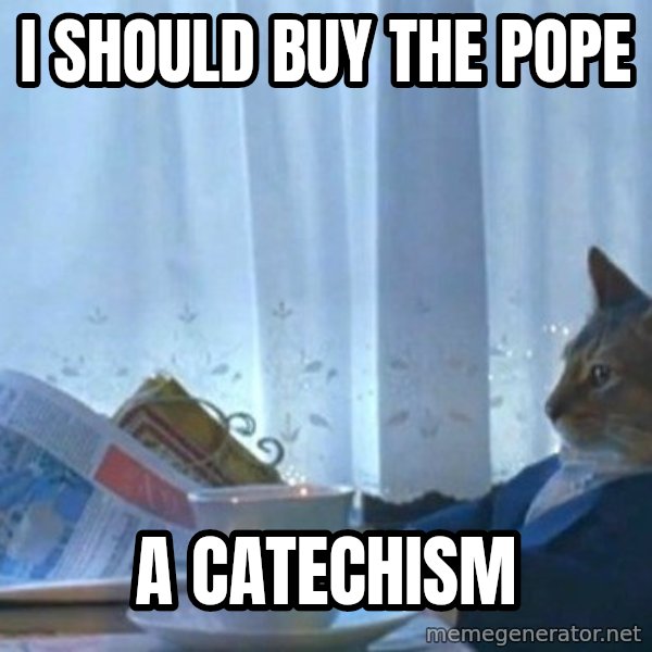 newspaper cat realization meme: I should buy the Pope / a Catechism