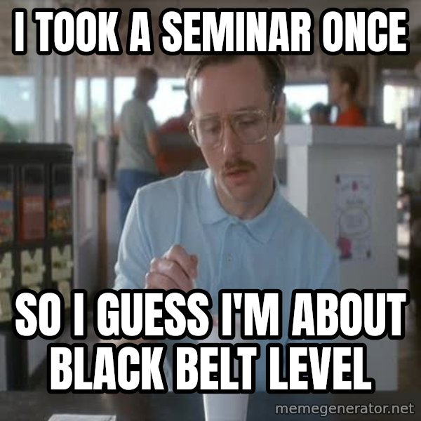 so i guess you could say things are getting pretty serious meme: i took a seminar once / so i guess i'm about black belt level