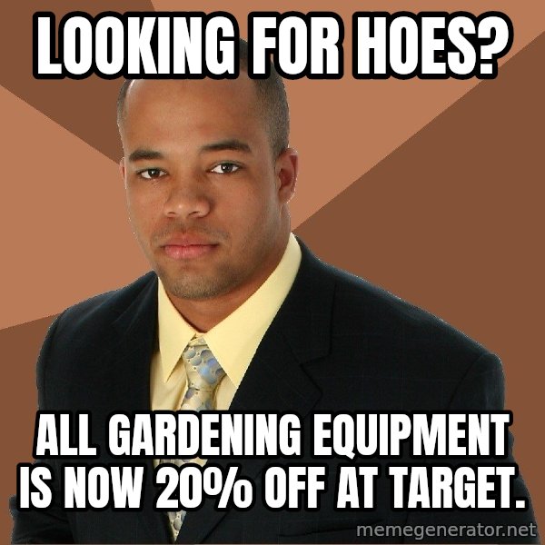 Successful Black Man meme: looking for hoes? / All gardening equipment is now 20% off at target.